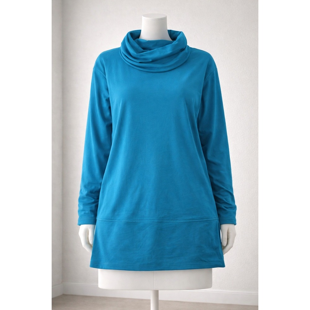 Brandis Womens Teal Blue Cowl Neck Tunic Top Long Sleeve Side Slit Size M